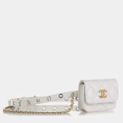 مملوكة مسبقًا حقيبة خصر شانيل بيضاء بسلسلة البانك جلد