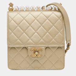 Pre Owned Chanel Gold Small Lambskin Chic Pearls Flap