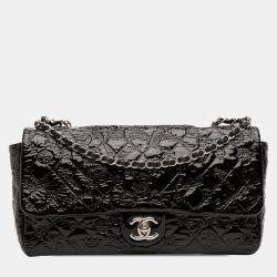 Pre Owned Chanel Black Jumbo Patent Embossed Lucky Symbols Flap