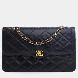 Pre Owned Chanel Vintage Black Lambskin Paris Double Flap Bag