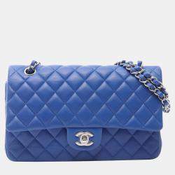Pre Owned Chanel Classic Double Flap Medium Blue Leather Shoulder Bag