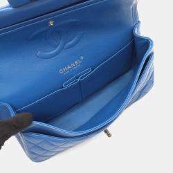 Pre Owned Chanel Classic Double Flap Medium Blue Leather Shoulder Bag