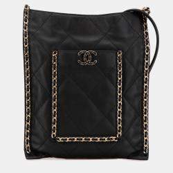 Pre Owned Chanel Black Quilted Calfskin Chain Flat Shoulder Bag