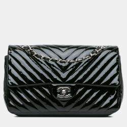 Pre Owned حقيبة شانيل غطاء مزدوج كلاسيكي ميديوم شيفرون جلد براء أسود