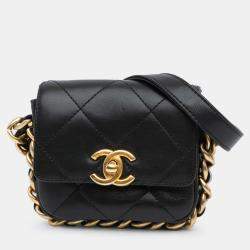 مملوكة مسبقًا حقيبة شاني زنجير بغطاء شاني أسود جلد عجل مغلف صغير