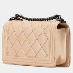 Pre Owned حقيبة شانيل بنية عجلية قديمة متوسطة ذات خياطة مزدوجة بوكشة بوي