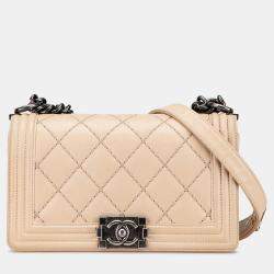 Pre Owned حقيبة شانيل بنية عجلية قديمة متوسطة ذات خياطة مزدوجة بوكشة بوي