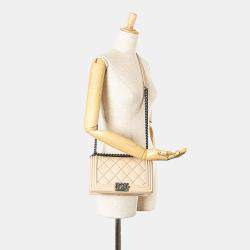 Pre Owned حقيبة شانيل بنية عجلية قديمة متوسطة ذات خياطة مزدوجة بوكشة بوي