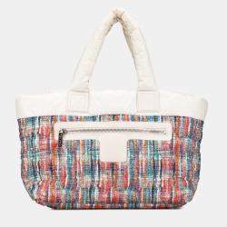 Pre Owned Chanel White Nylon Tweed Printed Coco Cocoon Tote
