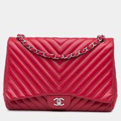 Pre Owned Chanel Pink Maxi Classic Chevron Lambskin Single Flap