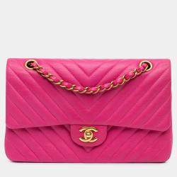 Pre Owned Chanel Pink Medium Classic Chevron Lambskin Double Flap