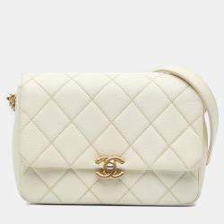 Pre Owned Chanel White Small Quilted Caviar Chain Melody Flap