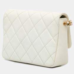 Pre Owned Chanel White Small Quilted Caviar Chain Melody Flap