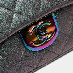 Pre Owned Chanel Purple Small Iridescent Goatskin Rainbow Hardware Double Carry Waist Chain Flap