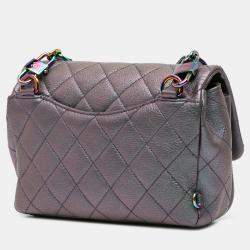 Pre Owned Chanel Purple Small Iridescent Goatskin Rainbow Hardware Double Carry Waist Chain Flap
