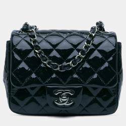 Pre Owned Chanel Blue Mini Square Classic Patent Single Flap