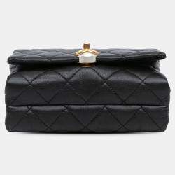 Pre Owned حقيبة شانيل سوداء صغيرة مبطنة جلد عجل لؤلؤة سي سي أكورديون فلاب