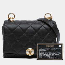 Pre Owned حقيبة شانيل سوداء صغيرة مبطنة جلد عجل لؤلؤة سي سي أكورديون فلاب