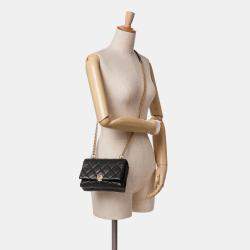 Pre Owned حقيبة شانيل سوداء صغيرة مبطنة جلد عجل لؤلؤة سي سي أكورديون فلاب