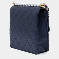 Pre Owned Chanel Navy Blue Small Lambskin Chic Pearls Flap