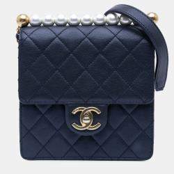 Pre Owned Chanel Navy Blue Small Lambskin Chic Pearls Flap
