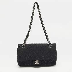 Pre Owned Chanel Classic Double Flap Medium Black Quilted Canvas and Sequins Flap Bag