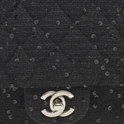 Pre Owned Chanel Classic Double Flap Medium Black Quilted Canvas and Sequins Flap Bag