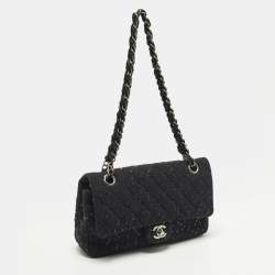 Pre Owned Chanel Classic Double Flap Medium Black Quilted Canvas and Sequins Flap Bag