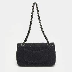Pre Owned Chanel Classic Double Flap Medium Black Quilted Canvas and Sequins Flap Bag