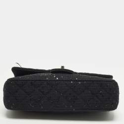 Pre Owned Chanel Classic Double Flap Medium Black Quilted Canvas and Sequins Flap Bag