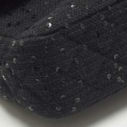 Pre Owned Chanel Classic Double Flap Medium Black Quilted Canvas and Sequins Flap Bag