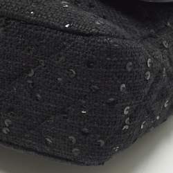 Pre Owned Chanel Classic Double Flap Medium Black Quilted Canvas and Sequins Flap Bag