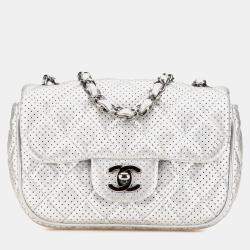 Pre Owned Chanel Silver Mini Perforated Lambskin Punch Flap