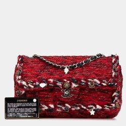 Pre Owned Chanel Red Medium Tweed Braided Charms Double Flap