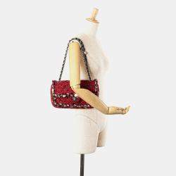 Pre Owned Chanel Red Medium Tweed Braided Charms Double Flap