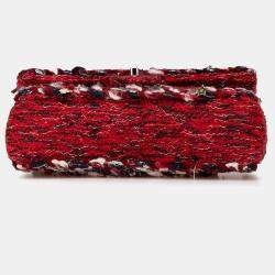 Pre Owned Chanel Red Medium Tweed Braided Charms Double Flap