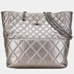 Pre Owned Chanel Silver Reissue 2.55 Quilted Aged Calfskin Tote