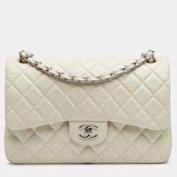 Pre Owned Chanel White Jumbo Classic Caviar Double Flap