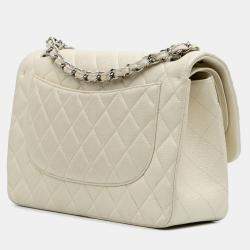 Pre Owned Chanel White Jumbo Classic Caviar Double Flap