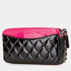 Pre Owned Chanel Black Pink Bicolor Patent Double Zip Wallet on Chain