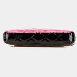 Pre Owned Chanel Black Pink Bicolor Patent Double Zip Wallet on Chain