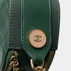 Pre Owned Chanel Green Stitched Calfskin and Grosgrain Button Up Double Zip Camera Bag