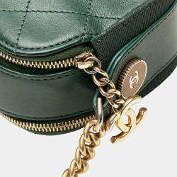 Pre Owned Chanel Green Stitched Calfskin and Grosgrain Button Up Double Zip Camera Bag