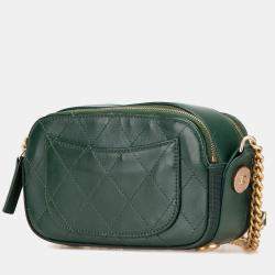Pre Owned Chanel Green Stitched Calfskin and Grosgrain Button Up Double Zip Camera Bag