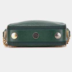 Pre Owned Chanel Green Stitched Calfskin and Grosgrain Button Up Double Zip Camera Bag