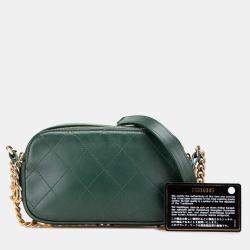 Pre Owned Chanel Green Stitched Calfskin and Grosgrain Button Up Double Zip Camera Bag