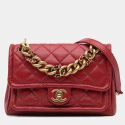 Pre Owned Chanel Red Small Quilted Lambskin Chain Link Flap