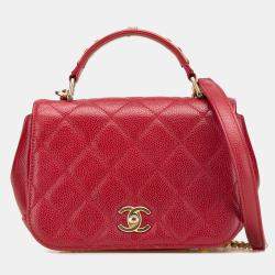 Pre Owned Chanel Red Mini Quilted Caviar Carry Around Flap