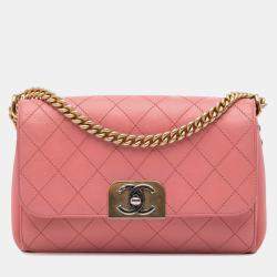 Pre Owned Chanel Pink Quilted Calfskin Straight Lined Flap