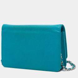 مملوكة مسبقًا حقيبة شانيل سلسلة على المحفظة رمادي كافيار أزرق مزدوج CC